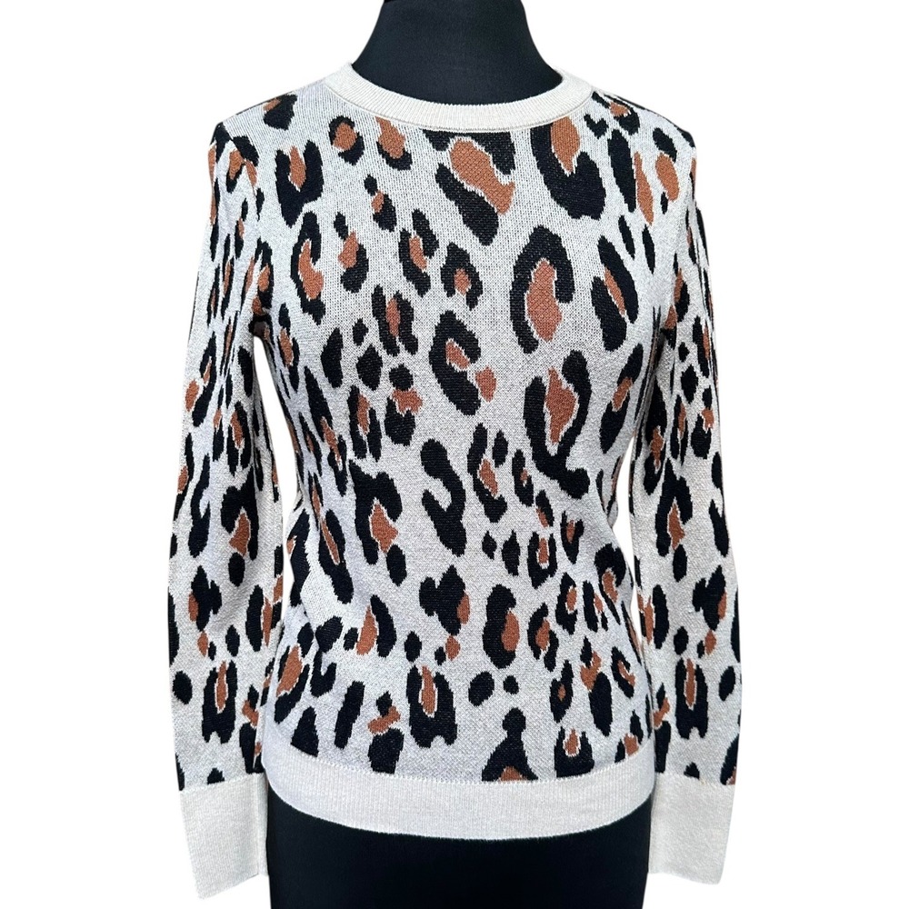 A New Day Sweater Women's Small Black Beige Crew Neck Long Sleeve Leopard Print